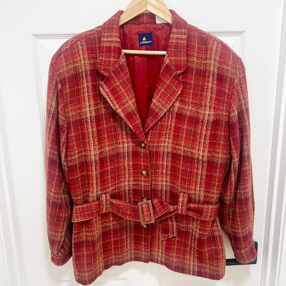 VINTAGE Lizsport 90s Plaid Belted Wool Blend Jacket Shoulder Pads Preppy Retro - Picture 3 of 8